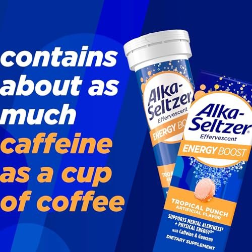 Alka-Seltzer Energy Boost: Koffein & Guarana, B-Vitamine, Unterstützt geistige Wachsamkeit und körperliche Energie, tägliches Energiepräparat, Brausetabletten, zuckerfrei, tropischer Punschgeschmack, 30 Stück