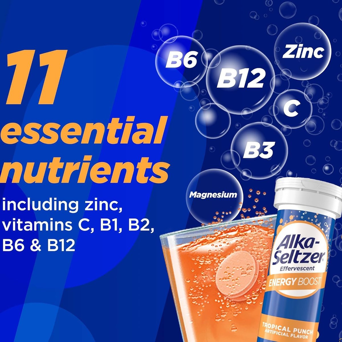 Alka-Seltzer Energy Boost: Koffein & Guarana, B-Vitamine, Unterstützt geistige Wachsamkeit und körperliche Energie, tägliches Energiepräparat, Brausetabletten, zuckerfrei, tropischer Punschgeschmack, 30 Stück