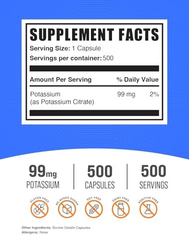 BulkSupplements.com Kaliumcitrat Kapseln - Mineralstoff-Ergänzung, Kaliumcitrat 99 mg - Glutenfrei, 1 Kapsel pro Portion, 500 Stück (1er Pack)