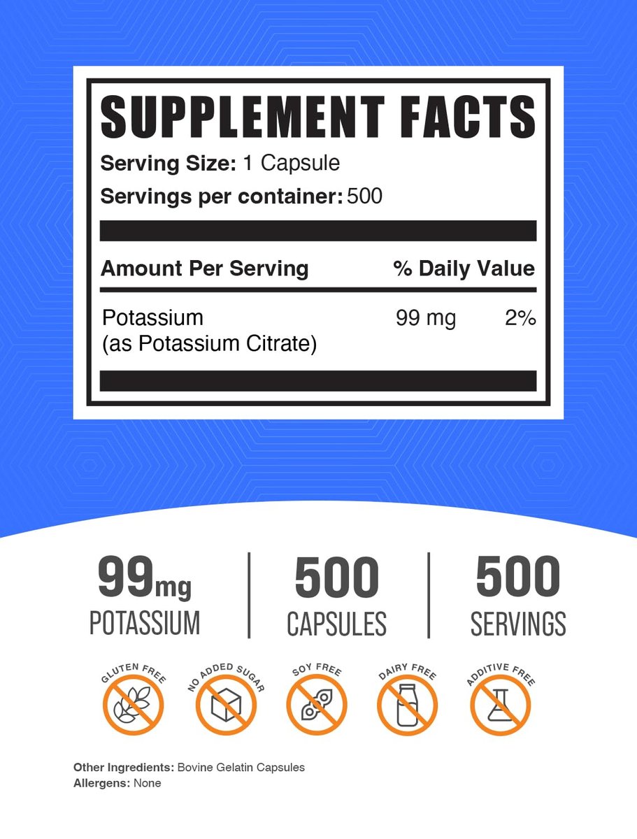 BulkSupplements.com Kaliumcitrat Kapseln - Mineralstoff-Ergänzung, Kaliumcitrat 99 mg - Glutenfrei, 1 Kapsel pro Portion, 500 Stück (1er Pack)