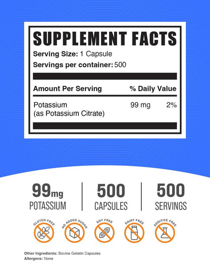 BulkSupplements.com Kaliumcitrat Kapseln - Mineralstoff-Ergänzung, Kaliumcitrat 99 mg - Glutenfrei, 1 Kapsel pro Portion, 500 Stück (1er Pack)