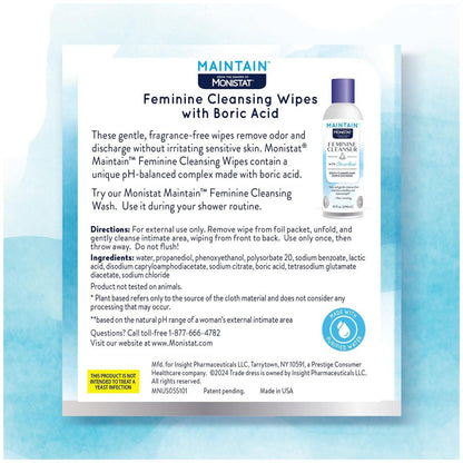 Monistat Maintain Borsäure-Feuchttücher für Frauen, parfümfrei, nicht reizend, pH-ausgewogen, einzeln verpackt, 12 Stück