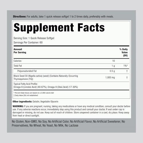 Piping Rock Schwarzkümmelöl Weichkapseln | 1000 mg | 60 Kapseln | Kaltgepresst & lösungsmittelfrei | Nicht-GVO, glutenfrei