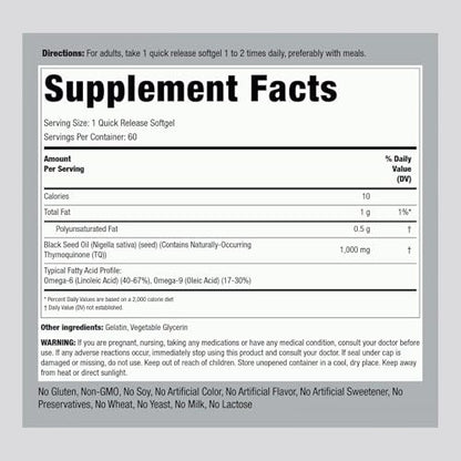 Piping Rock Schwarzkümmelöl Weichkapseln | 1000 mg | 60 Kapseln | Kaltgepresst & lösungsmittelfrei | Nicht-GVO, glutenfrei