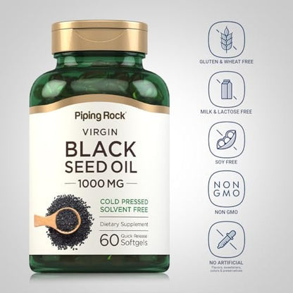 Piping Rock Schwarzkümmelöl Weichkapseln | 1000 mg | 60 Kapseln | Kaltgepresst & lösungsmittelfrei | Nicht-GVO, glutenfrei