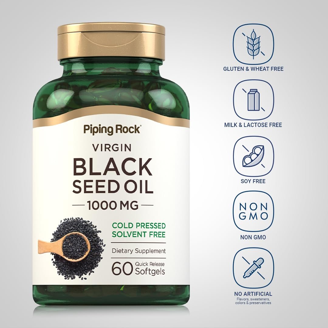 Piping Rock Schwarzkümmelöl Weichkapseln | 1000 mg | 60 Kapseln | Kaltgepresst & lösungsmittelfrei | Nicht-GVO, glutenfrei
