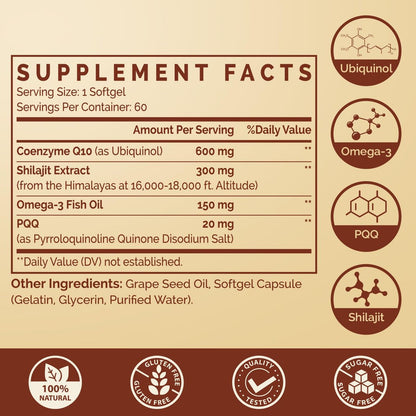 Ubiquinol CoQ10 600 mg Weichkapseln mit Omega-3, Shilajit und PQQ – Fortschrittliches Dual-Delivery Coenzym Q10 für Fruchtbarkeit, Antioxidantien, Herz, Gehirn und Energie, 60 Portionen