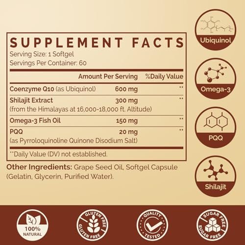 Ubiquinol CoQ10 600 mg Weichkapseln mit Omega-3, Shilajit und PQQ – Fortschrittliches Dual-Delivery Coenzym Q10 für Fruchtbarkeit, Antioxidantien, Herz, Gehirn und Energie, 60 Portionen