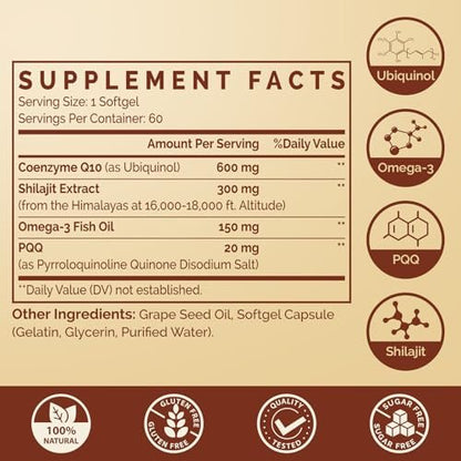 Ubiquinol CoQ10 600 mg Weichkapseln mit Omega-3, Shilajit und PQQ – Fortschrittliches Dual-Delivery Coenzym Q10 für Fruchtbarkeit, Antioxidantien, Herz, Gehirn und Energie, 60 Portionen