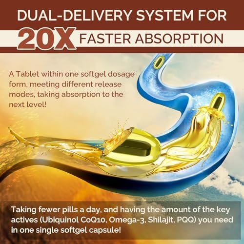 Ubiquinol CoQ10 600 mg Weichkapseln mit Omega-3, Shilajit und PQQ – Fortschrittliches Dual-Delivery Coenzym Q10 für Fruchtbarkeit, Antioxidantien, Herz, Gehirn und Energie, 60 Portionen