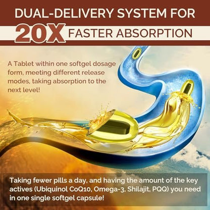 Ubiquinol CoQ10 600 mg Weichkapseln mit Omega-3, Shilajit und PQQ – Fortschrittliches Dual-Delivery Coenzym Q10 für Fruchtbarkeit, Antioxidantien, Herz, Gehirn und Energie, 60 Portionen