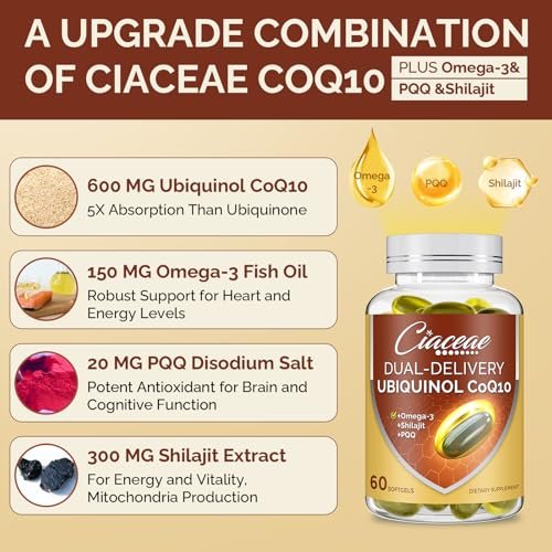 Ubiquinol CoQ10 600 mg Weichkapseln mit Omega-3, Shilajit und PQQ – Fortschrittliches Dual-Delivery Coenzym Q10 für Fruchtbarkeit, Antioxidantien, Herz, Gehirn und Energie, 60 Portionen