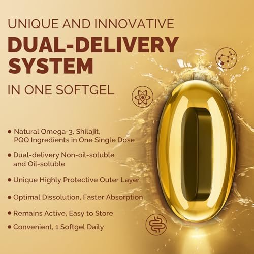 Ubiquinol CoQ10 600 mg Weichkapseln mit Omega-3, Shilajit und PQQ – Fortschrittliches Dual-Delivery Coenzym Q10 für Fruchtbarkeit, Antioxidantien, Herz, Gehirn und Energie, 60 Portionen