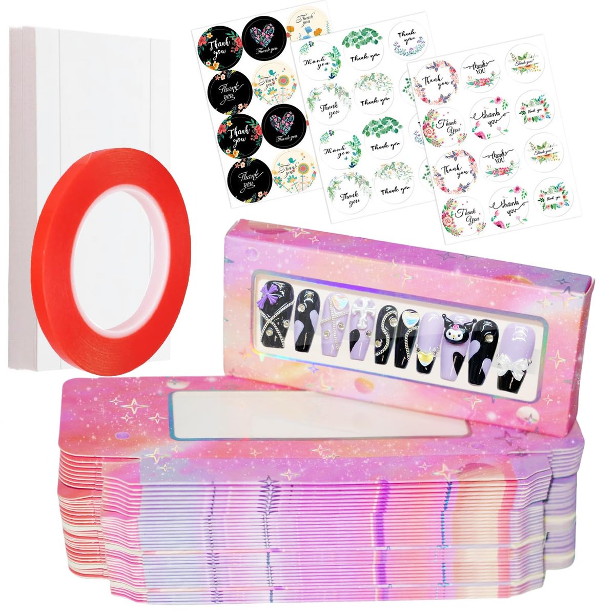 Yazabai 74-teiliges Press-on-Nägel-Verpackungsset mit 35 leeren Nagelboxen, 35 weißen Hintergrundpapieren, 1 doppelseitigem Klebeband und 3 Dankeschön-Aufklebern für Ihr Nagelbusiness