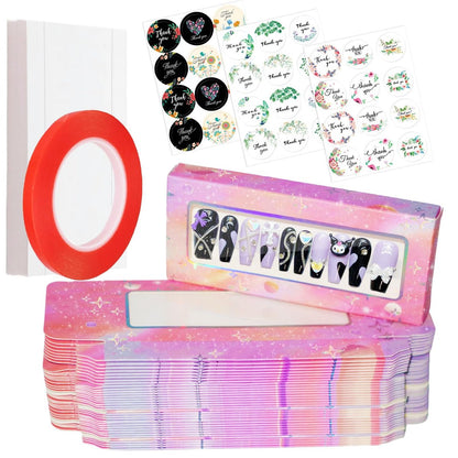 Yazabai 74-teiliges Press-on-Nägel-Verpackungsset mit 35 leeren Nagelboxen, 35 weißen Hintergrundpapieren, 1 doppelseitigem Klebeband und 3 Dankeschön-Aufklebern für Ihr Nagelbusiness