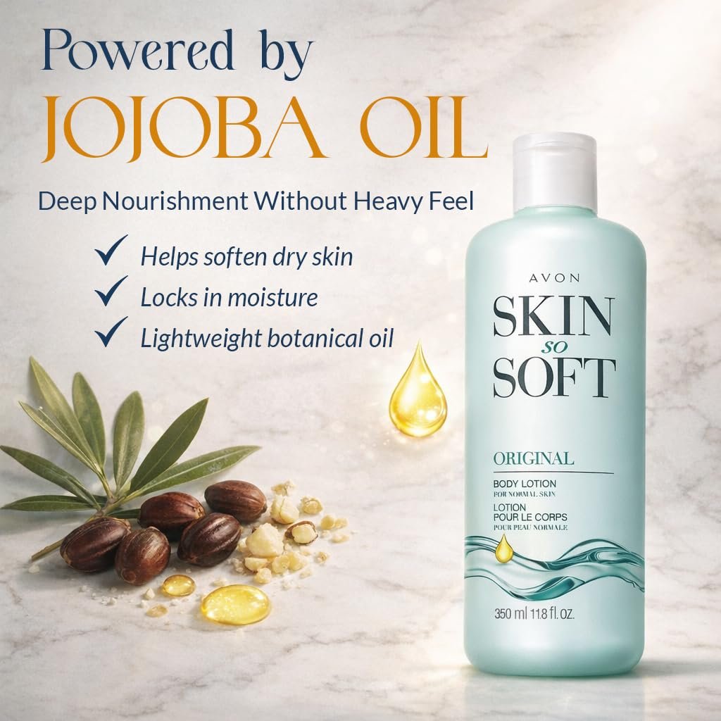 AVON Skin So Soft Original Body Lotion für Frauen – Parabenfreie Hand- und Körperlotion für trockene Haut mit Jojobaöl, nicht fettend, leichte Feuchtigkeitspflege, 24-Stunden-Feuchtigkeit, 350 ml