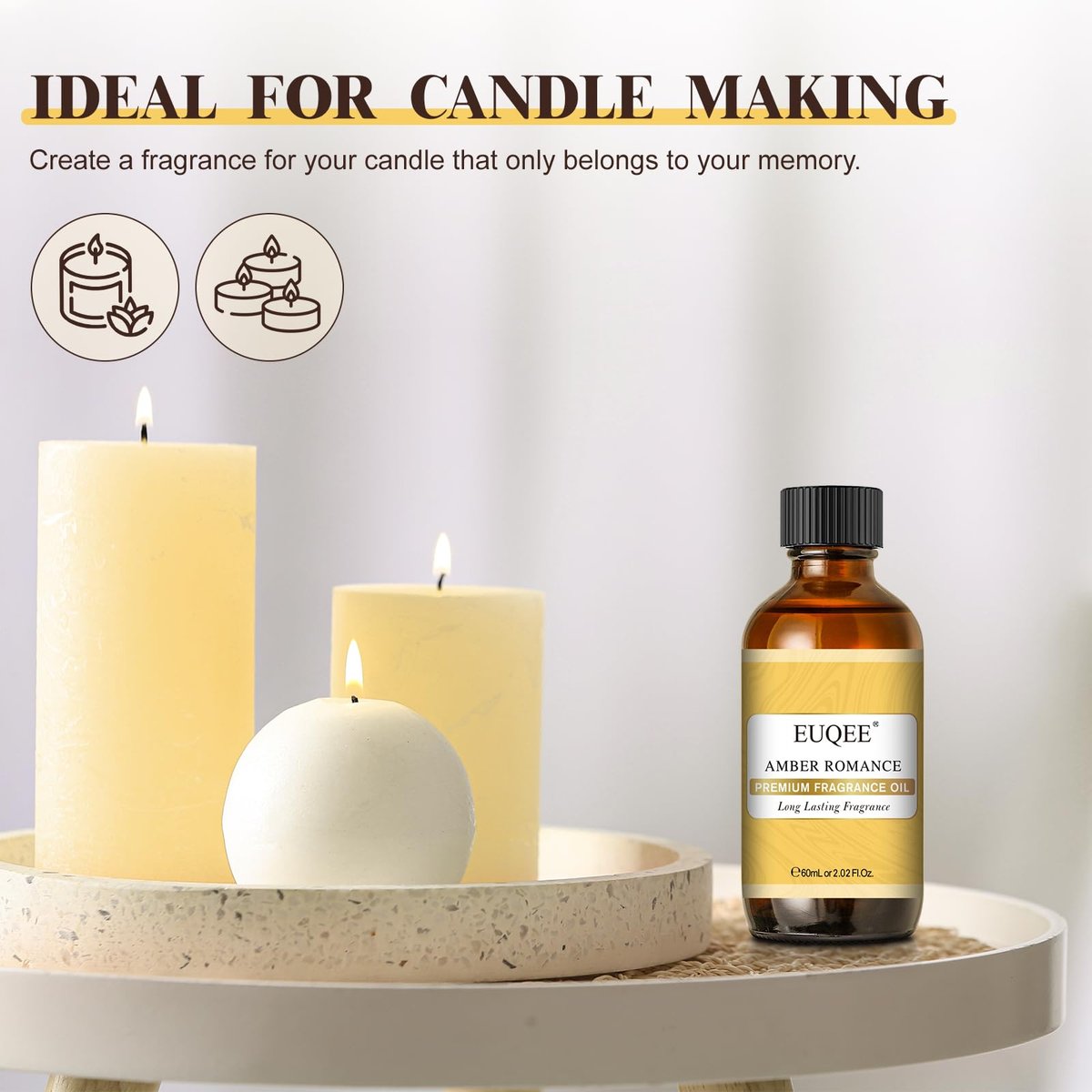 EUQEE Amber Romance Duftöle – 60 ml Essential Oil für Diffuser, Kerzenherstellung, DIY Seife mit Glaspipette