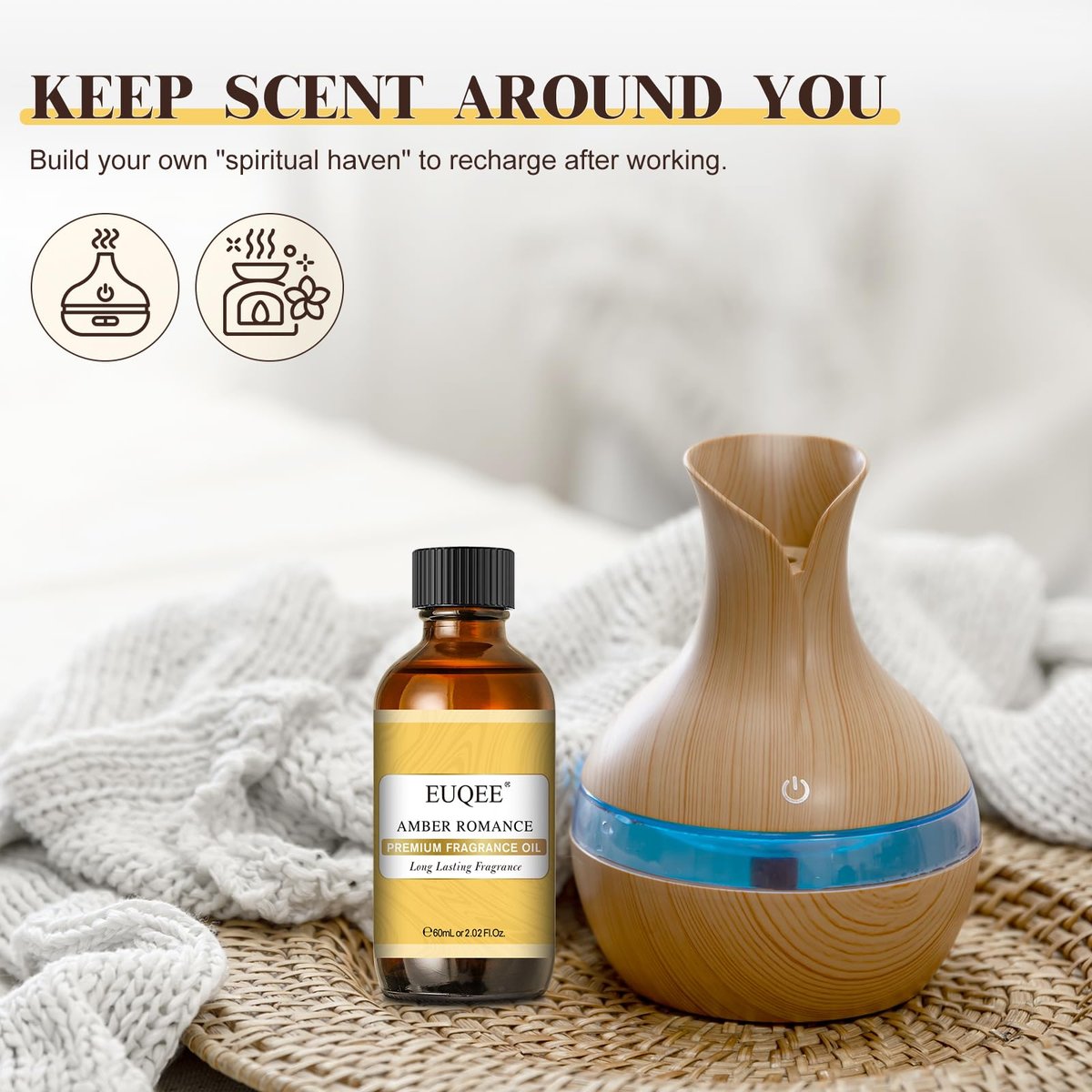 EUQEE Amber Romance Duftöle – 60 ml Essential Oil für Diffuser, Kerzenherstellung, DIY Seife mit Glaspipette