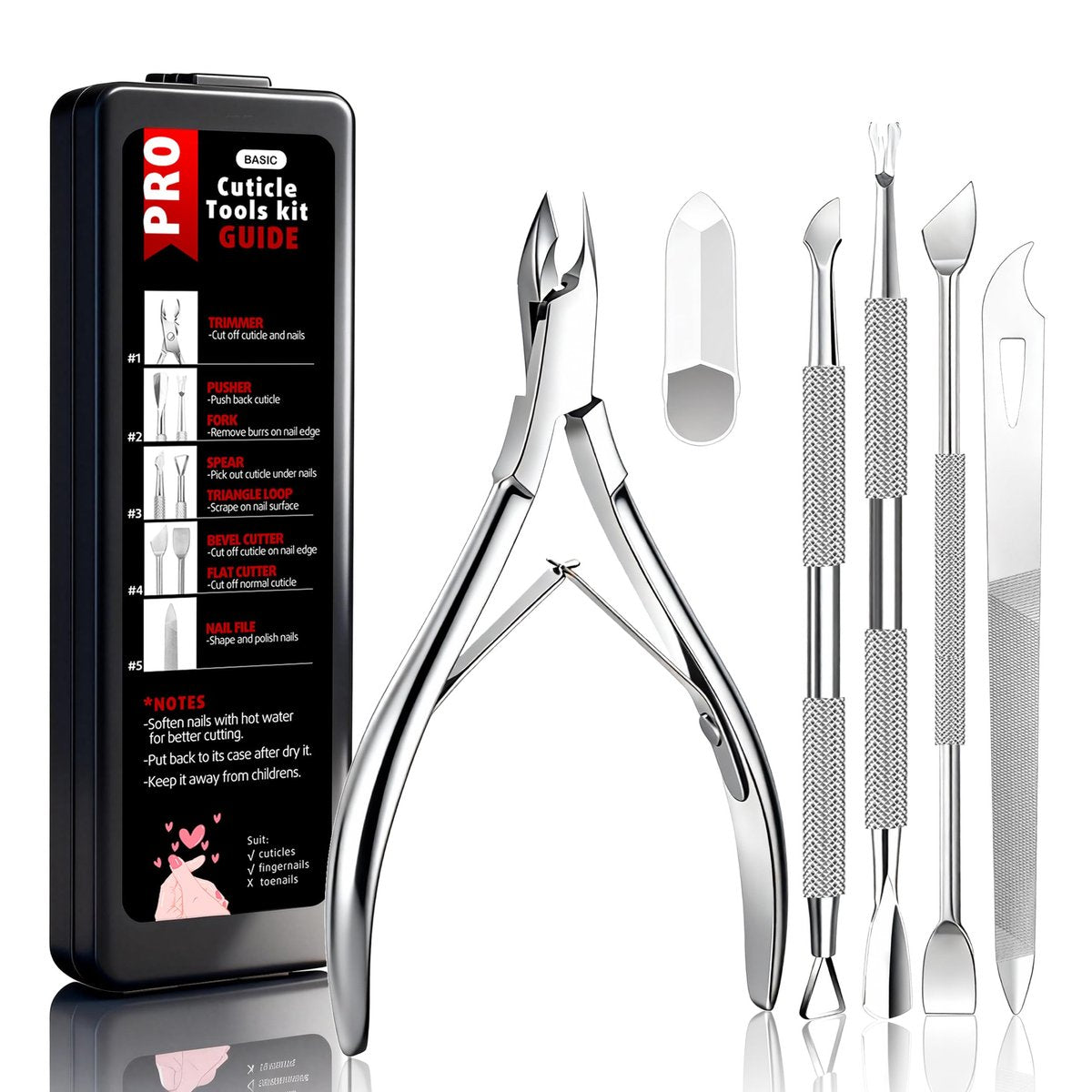 Cbiumpro 5-teiliges Nagelhautentferner-Set mit Drücker, Schneider, Schaber, Zange, Clipper – Professionelles Edelstahl-Werkzeugset für Fingernägel & Zehennägel – mit Aufbewahrungsetui