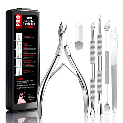 Cbiumpro 5-teiliges Nagelhautentferner-Set mit Drücker, Schneider, Schaber, Zange, Clipper – Professionelles Edelstahl-Werkzeugset für Fingernägel & Zehennägel – mit Aufbewahrungsetui
