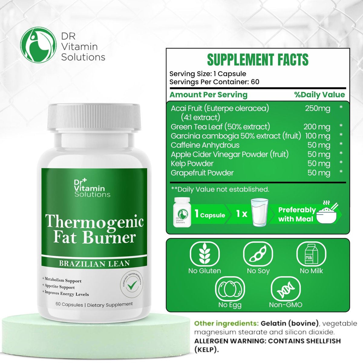 Thermogenic Fat Burner Brazilian Lean – Kapseln zur Gewichtsabnahme für Frauen und Männer, 60 Kapseln