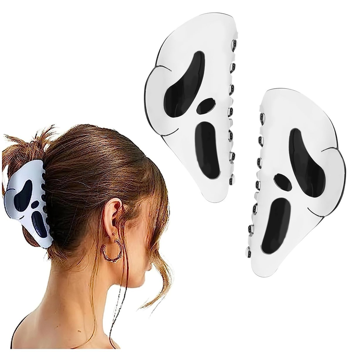 AUOCATTAIL Halloween Haarklammern 2er-Pack – Große Masken-Gesicht-Haarnadeln mit Grusel-Fratzen für lustige Ponytails – Schauriges Styling-Zubehör für Halloween