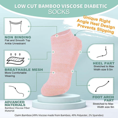 Bulinlulu Diabetikersocken für Damen und Herren – 6 Paar Bambus-Viskose, nicht einschnürend, Knöchelsocken, Größe 6–9 / 9–11 (Rein-Mittel)