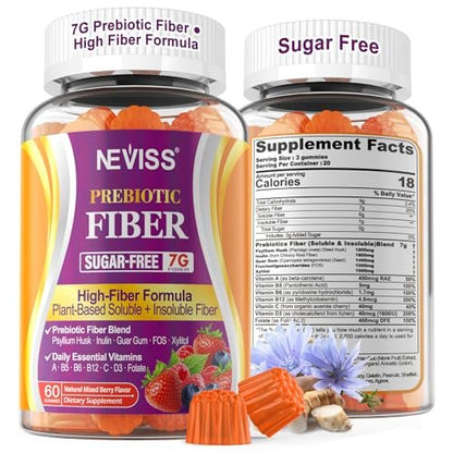 NEVISS Ballaststoff-Gummis für Erwachsene mit Flohsamenschalen, 7 g (löslich + unlöslich) tägliche Präbiotika mit Inulin, FOS, Guarkernmehl, Multivitaminen für tägliche Verdauungsgesundheit, Regelmäßigkeit, Darmunterstützung, zuckerfrei, 60 Stück
