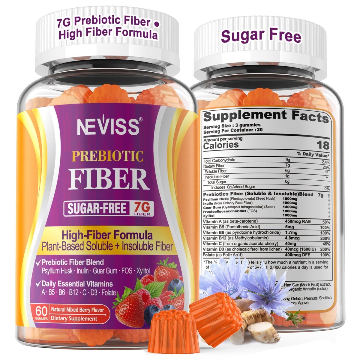 NEVISS Ballaststoff-Gummis für Erwachsene mit Flohsamenschalen, 7 g (löslich + unlöslich) tägliche Präbiotika mit Inulin, FOS, Guarkernmehl, Multivitaminen für tägliche Verdauungsgesundheit, Regelmäßigkeit, Darmunterstützung, zuckerfrei, 60 Stück