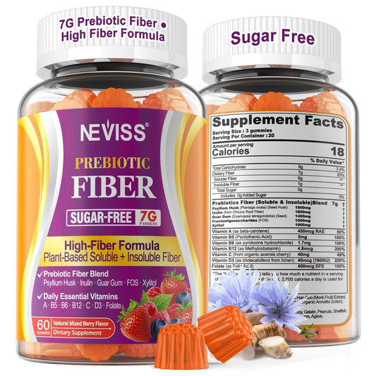 NEVISS Ballaststoff-Gummis für Erwachsene mit Flohsamenschalen, 7 g (löslich + unlöslich) tägliche Präbiotika mit Inulin, FOS, Guarkernmehl, Multivitaminen für tägliche Verdauungsgesundheit, Regelmäßigkeit, Darmunterstützung, zuckerfrei, 60 Stück