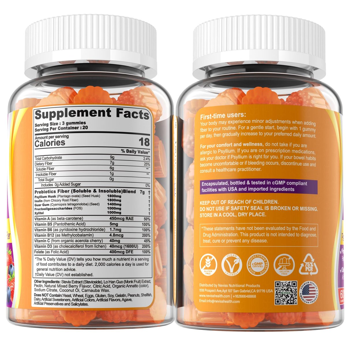 NEVISS Ballaststoff-Gummis für Erwachsene mit Flohsamenschalen, 7 g (löslich + unlöslich) tägliche Präbiotika mit Inulin, FOS, Guarkernmehl, Multivitaminen für tägliche Verdauungsgesundheit, Regelmäßigkeit, Darmunterstützung, zuckerfrei, 60 Stück
