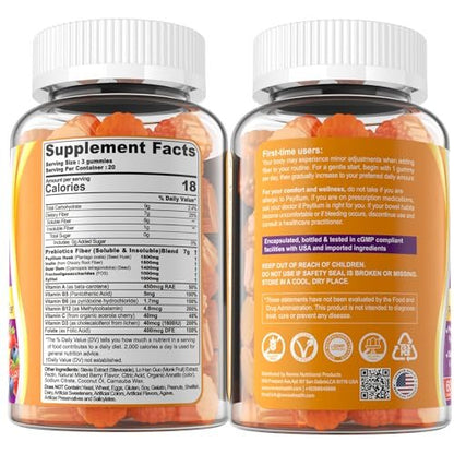 NEVISS Ballaststoff-Gummis für Erwachsene mit Flohsamenschalen, 7 g (löslich + unlöslich) tägliche Präbiotika mit Inulin, FOS, Guarkernmehl, Multivitaminen für tägliche Verdauungsgesundheit, Regelmäßigkeit, Darmunterstützung, zuckerfrei, 60 Stück