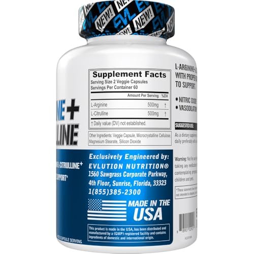 L-Arginin L-Citrullin Supplement - Belebendes Stickoxid-Supplement mit idealem 1:1 Citrullin-Arginin-Verhältnis, 500 mg pro Portion für verbesserte Pumpen, Energie und Ausdauer (60 Portionen)