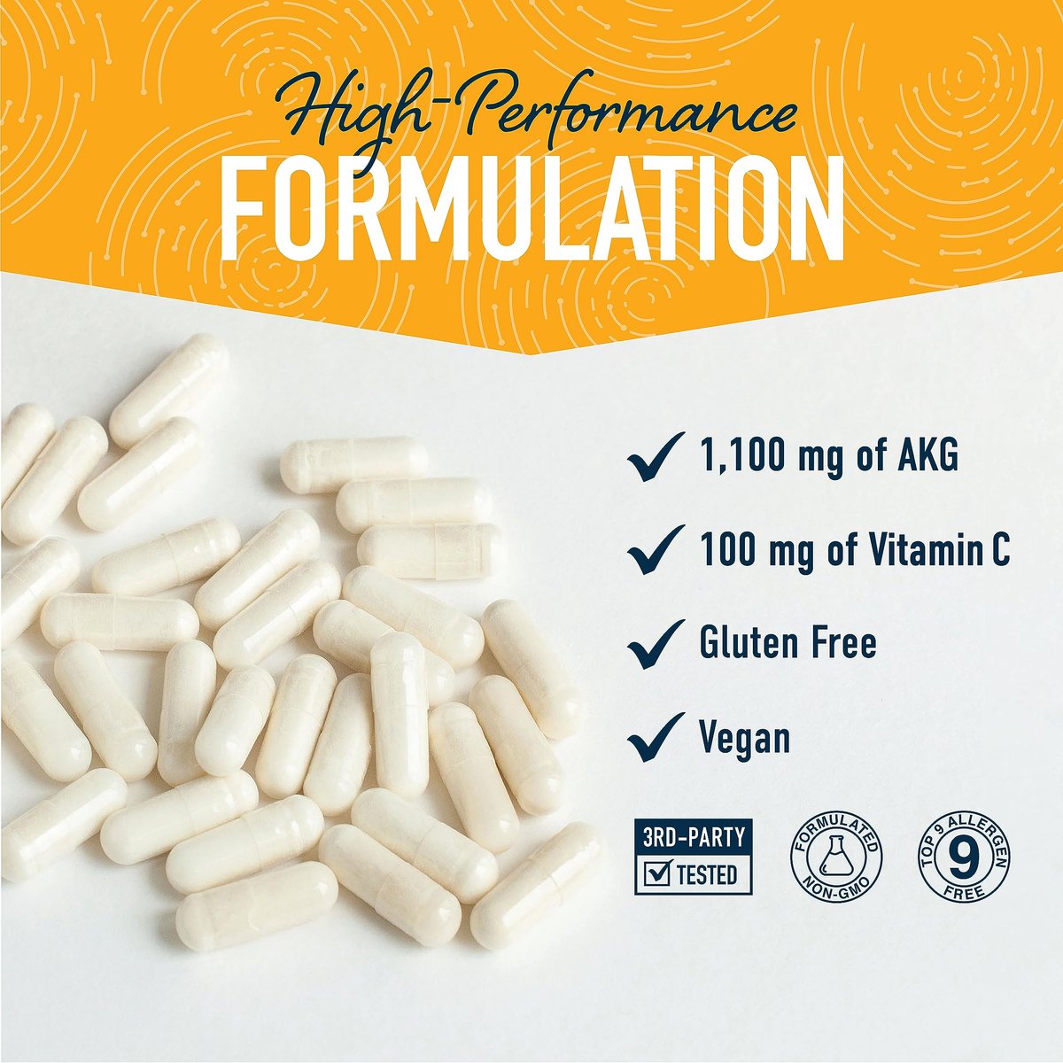 AKG Supplement 1100 mg pro Portion | Arginin Alpha-Ketoglutarat mit Calcium + Vitamin C | AAKG Kapseln für gesundes Altern, Langlebigkeit, Energie und Konzentration | 180 Kapseln | Vegan, Nicht-GVO