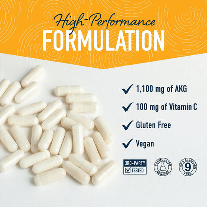 AKG Supplement 1100 mg pro Portion | Arginin Alpha-Ketoglutarat mit Calcium + Vitamin C | AAKG Kapseln für gesundes Altern, Langlebigkeit, Energie und Konzentration | 180 Kapseln | Vegan, Nicht-GVO