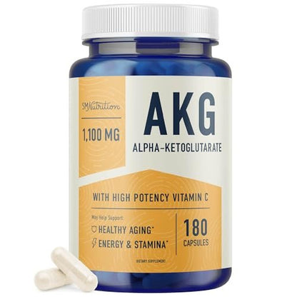 AKG Supplement 1100 mg pro Portion | Arginin Alpha-Ketoglutarat mit Calcium + Vitamin C | AAKG Kapseln für gesundes Altern, Langlebigkeit, Energie und Konzentration | 180 Kapseln | Vegan, Nicht-GVO