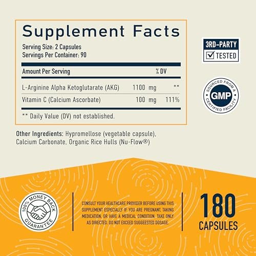 AKG Supplement 1100 mg pro Portion | Arginin Alpha-Ketoglutarat mit Calcium + Vitamin C | AAKG Kapseln für gesundes Altern, Langlebigkeit, Energie und Konzentration | 180 Kapseln | Vegan, Nicht-GVO