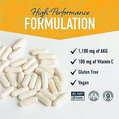 AKG Supplement 1100 mg pro Portion | Arginin Alpha-Ketoglutarat mit Calcium + Vitamin C | AAKG Kapseln für gesundes Altern, Langlebigkeit, Energie und Konzentration | 180 Kapseln | Vegan, Nicht-GVO