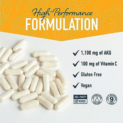 AKG Supplement 1100 mg pro Portion | Arginin Alpha-Ketoglutarat mit Calcium + Vitamin C | AAKG Kapseln für gesundes Altern, Langlebigkeit, Energie und Konzentration | 180 Kapseln | Vegan, Nicht-GVO