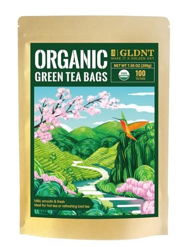 GLDNT Bio Grüner Tee Beutel, 100 Stück, Natürlicher Bio-Grüntee, Reich an Antioxidantien, Koffeinhaltig