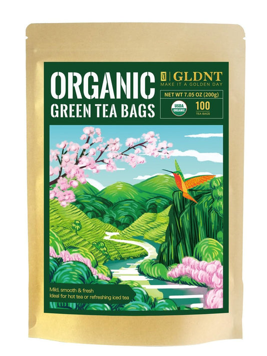 GLDNT Bio Grüner Tee Beutel, 100 Stück, Natürlicher Bio-Grüntee, Reich an Antioxidantien, Koffeinhaltig