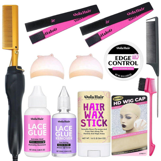 Dolahair Elektrischer Heißkamm für Perücken – Glätteisen, Lace-Front-Perücken-Glättungskamm, Lace-Melting-Band-Set mit Heißkamm und Perücken-Installationskit (Schwarz, 10-teiliges Set)
