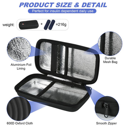 CDBXPRG Insulin-Kühl-Reiseetui, Diabetiker-Kältepack-Organizer-Tasche mit 2 wiederverwendbaren Kühlakkus für Insulin-Pens und andere Medikamente, schwarz