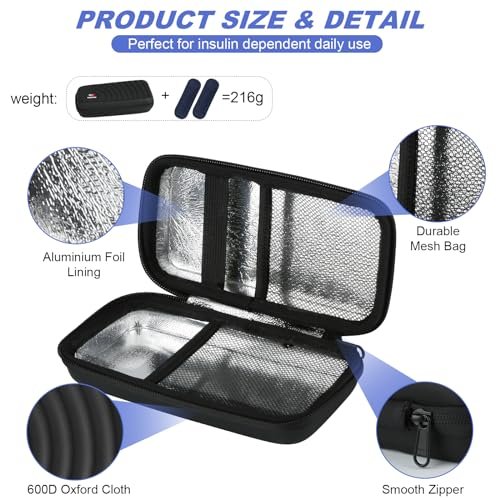 CDBXPRG Insulin-Kühl-Reiseetui, Diabetiker-Kältepack-Organizer-Tasche mit 2 wiederverwendbaren Kühlakkus für Insulin-Pens und andere Medikamente, schwarz