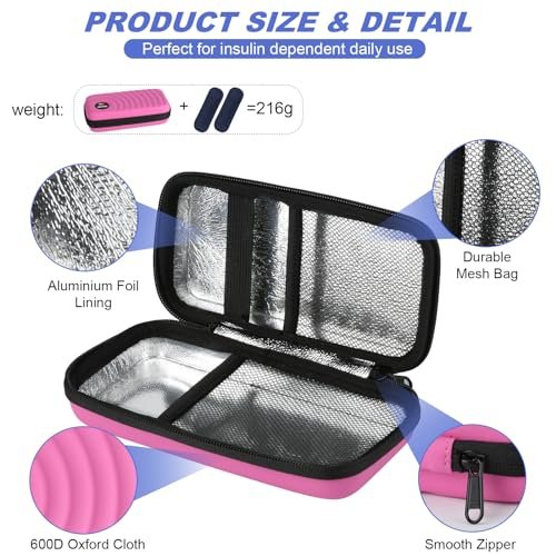 CDBXPRG Insulin-Kühler Reiseetui, Diabetiker Kühlpack-Organizer-Tasche mit 2 wiederverwendbaren Kühlakkus für Insulin-Pens und andere Medikamente, Pink