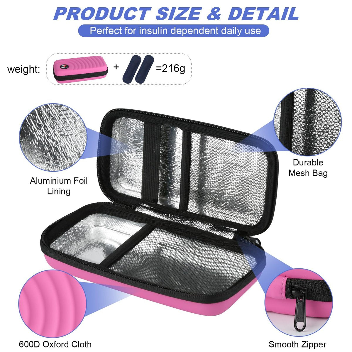 CDBXPRG Insulin-Kühler Reiseetui, Diabetiker Kühlpack-Organizer-Tasche mit 2 wiederverwendbaren Kühlakkus für Insulin-Pens und andere Medikamente, Pink