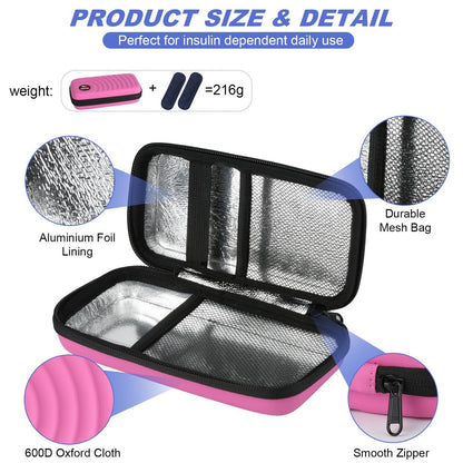 CDBXPRG Insulin-Kühler Reiseetui, Diabetiker Kühlpack-Organizer-Tasche mit 2 wiederverwendbaren Kühlakkus für Insulin-Pens und andere Medikamente, Pink