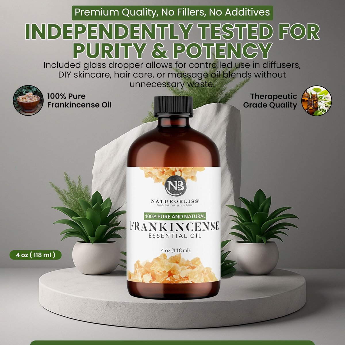 NaturoBliss 100% reines Weihrauch-Öl, therapeutische Qualität, 118 ml mit Glaspipette, ideal für Aromatherapie