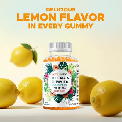 Vitamatic Hydrolyzed Collagen Gummis mit Vitamin C, Zink und Biotin, 200 mg – Gesunde Hautunterstützung – 60 Gummis