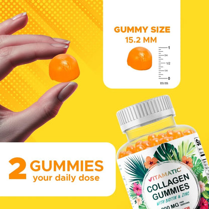 Vitamatic Hydrolyzed Collagen Gummis mit Vitamin C, Zink und Biotin, 200 mg – Gesunde Hautunterstützung – 60 Gummis